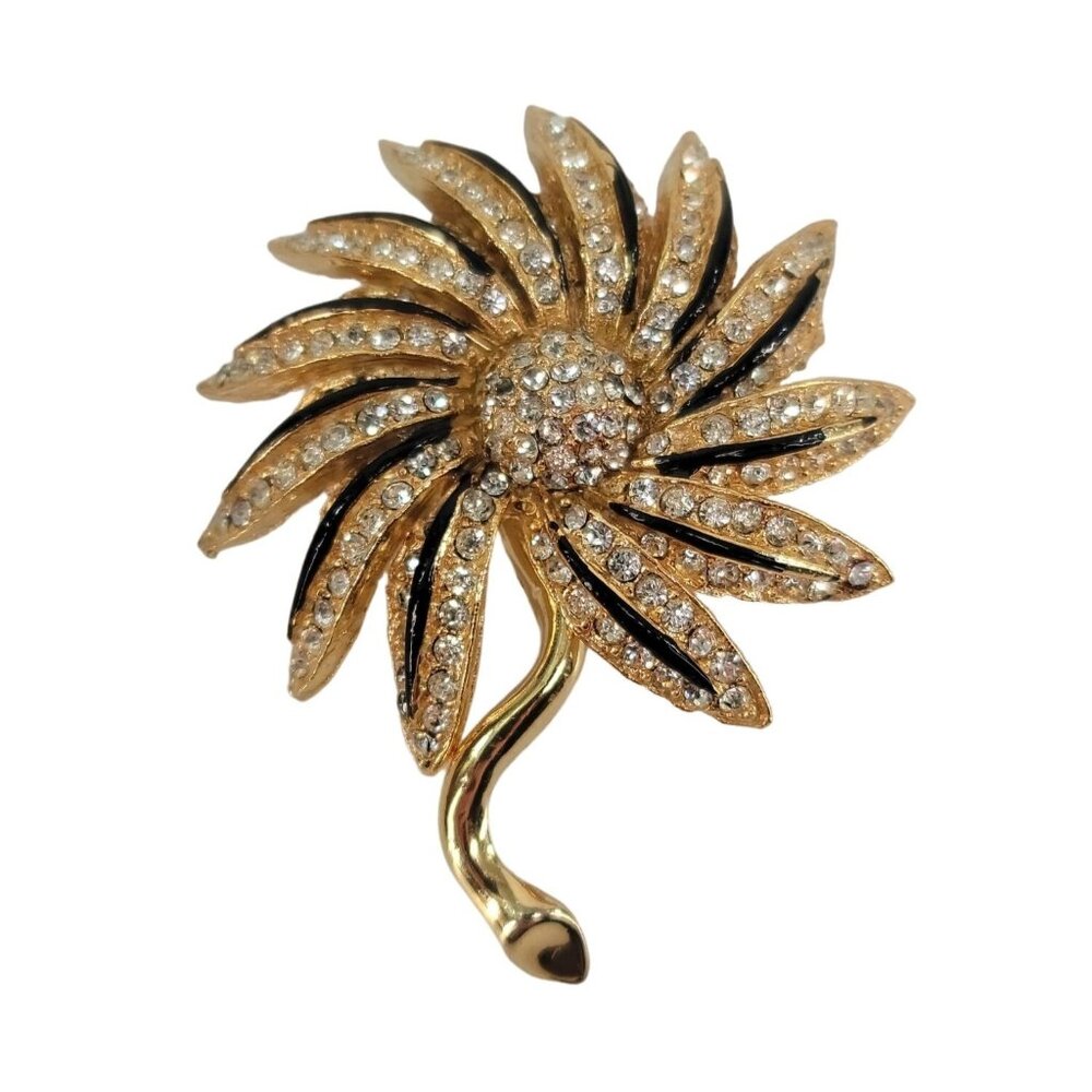 Vintage Signed Oleg Cassini 1964 Pave Clear & Black Rhinestone Flower Brooch Pin